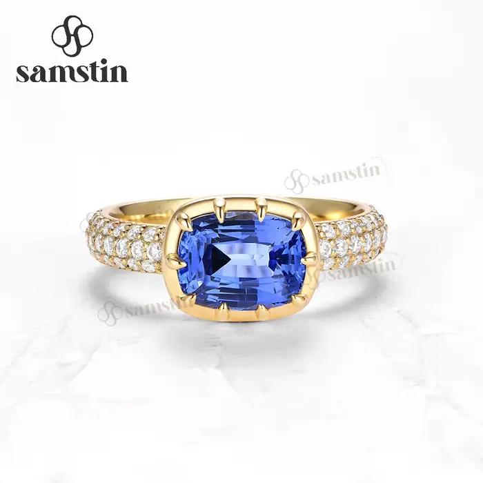 Bague Samstin en saphir bleu de laboratoire 3CT et moissanite, en or jaune massif 14K10K, coupe cous