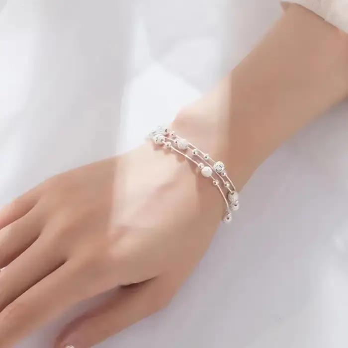 Bracelet en argent sterling 925 à perles multi-couches ajustable avec motif étoile pour femme