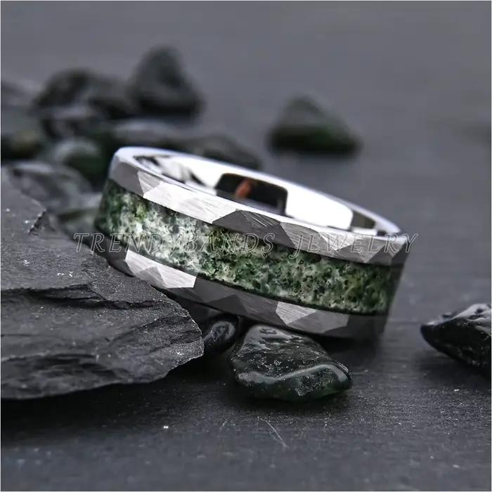 Bague en tungstène martelé avec incrustation d'agate blanche, bijou de mode pour homme et femme, alliance résistante et élégante pour mariage et événements spéciaux