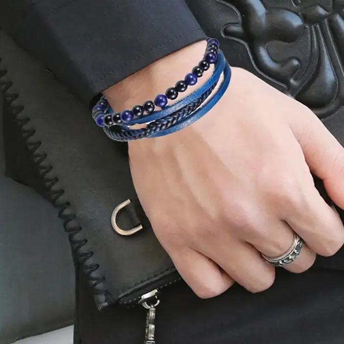 2025 nouveau Punk hommes Bracelets de perles classique mode bleu lapis lazuli perlé multicouche Bracelet en cuir