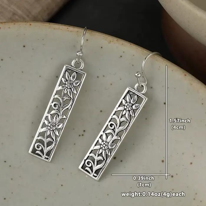 Boucles d'oreilles pendantes rectangulaires ajourées fleur de vigne style forêt rétro antique plaquées argent bijoux tendance pour femme occasions spéciales