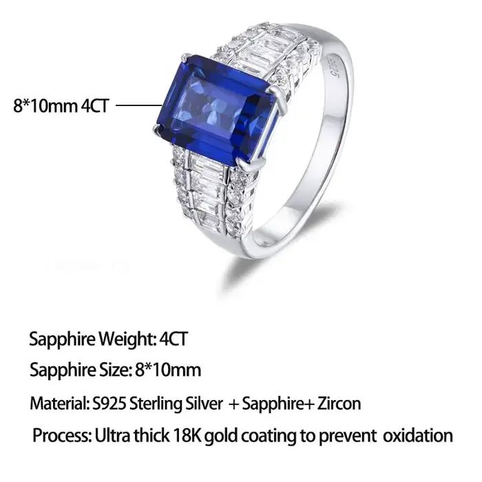 Bague de fiançailles statement LinkerLove en argent S925 avec saphir taille émeraude 4 carats et accents de zircon baguette et rond pour femme