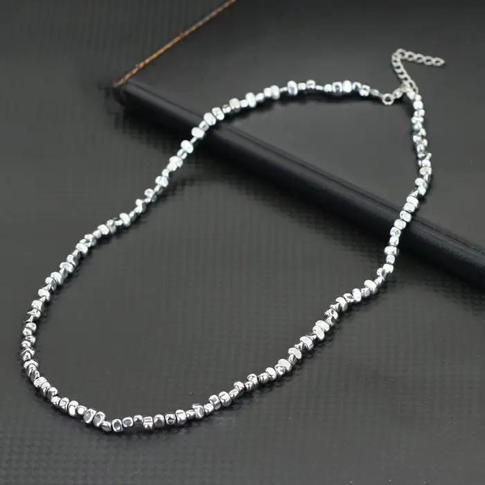 Collier de perles en hématite naturelle pour hommes, couleur argent noir, pierre irrégulière, court ras du cou de 20 pouces, méditation, cadeau pour petit ami, bijoux