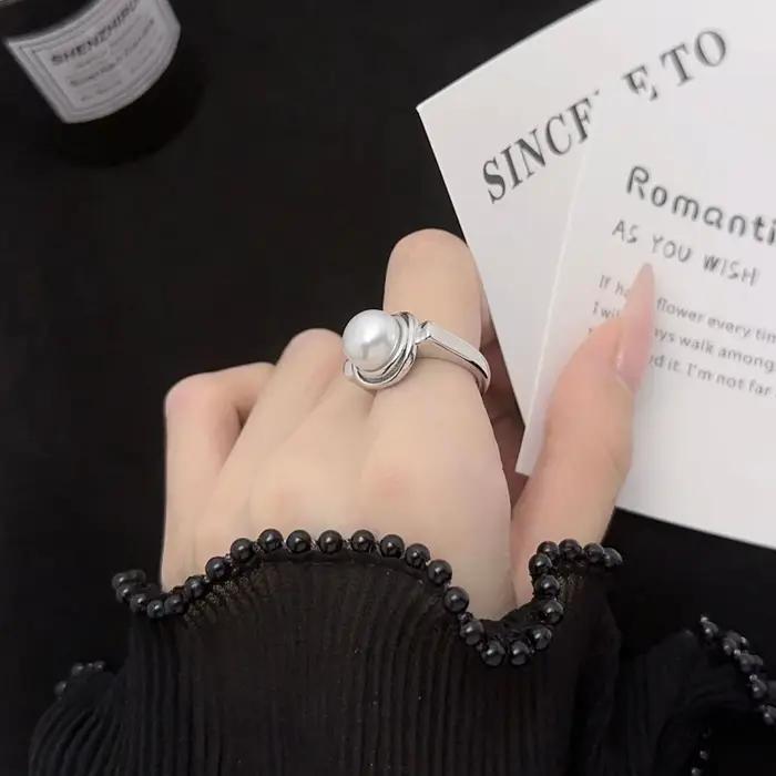 Bagues de perles blanches réglables pour femmes, bague de mariage élégante en argent véritable, cadeau d'anniversaire pour femme, alliance de mariage classique, bijoux pour occasions spéciales