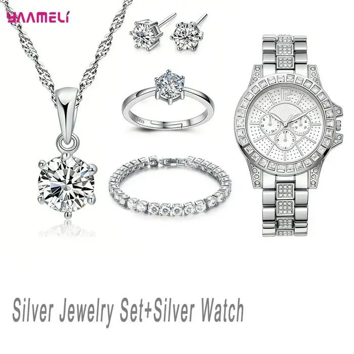 Ensemble de bijoux de luxe en argent sterling 925 avec collier, boucles d'oreilles et montre en cristal de zircon géométrique pour femmes et hommes, idéal pour les fiançailles, les fêtes et comme cade