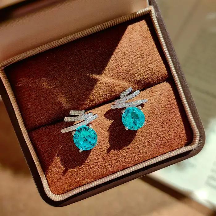 Boucles d'oreilles Paraiba pour femmes, scintillantes, 3 rangées de diamants de laboratoire, argent