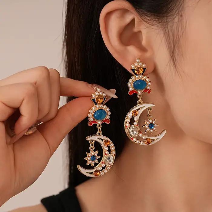 Bohême asymétrique opale soleil lune boucles d'oreilles baroque longue boucle d'oreille pour femme fille mode bijoux femme Streetwear clous d'oreille