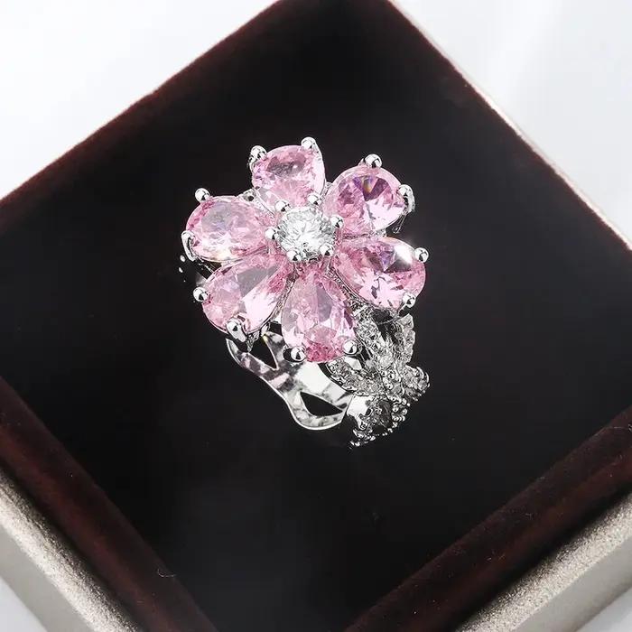 Bague de Fiançailles en Argent 925 Serties de Zirconium Coloré Motifs Fleurs Roses pour Femmes Occasions Spéciales Engagement Cérémonie