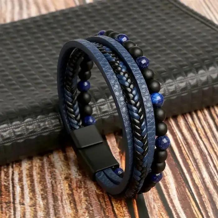 Bracelet en cuir classique oeil de tigre perlé multicolore pour hommes occasions spéciales cadeau
