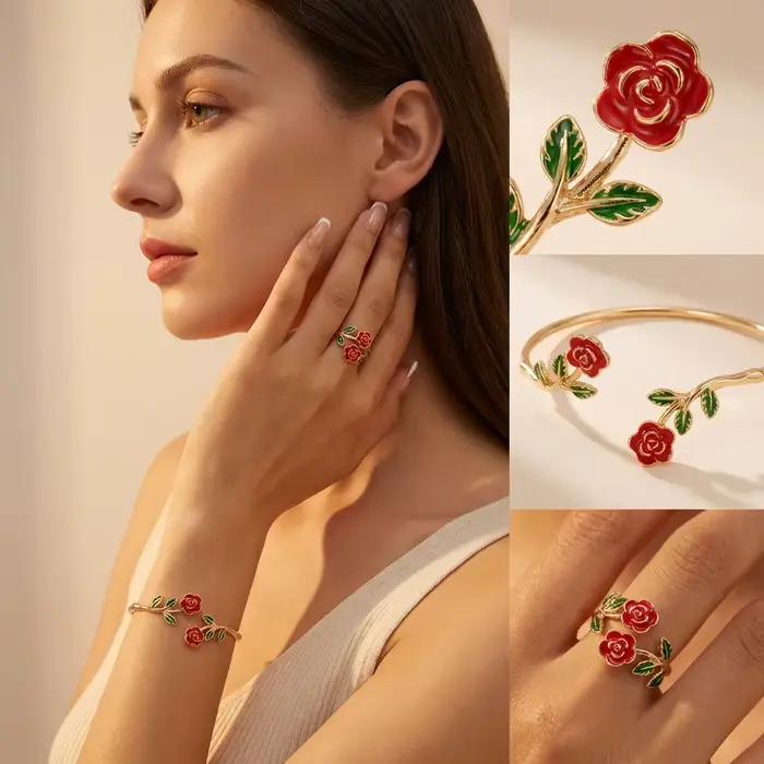 Ensemble bracelet et bague fleur de camélia vintage pour femme, couleur or, manchette ouverte réglable, bijoux de fête et de mariage
