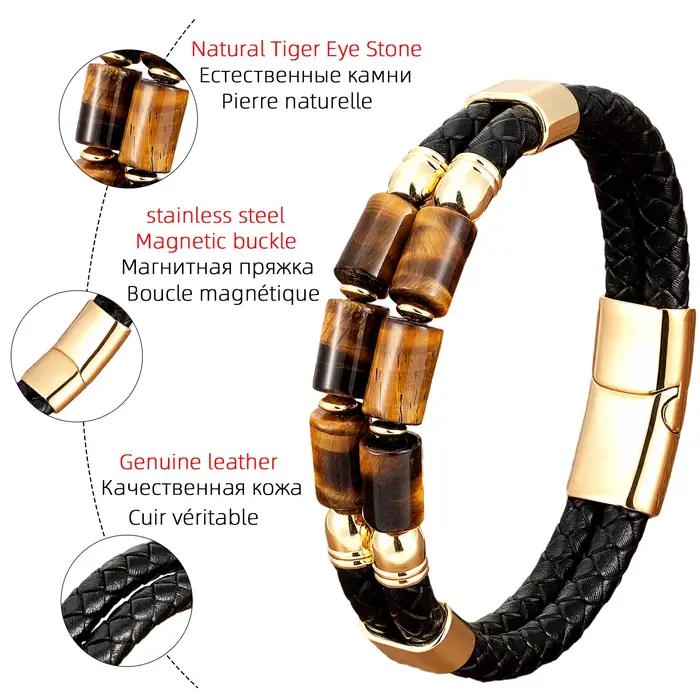 Bracelet en pierre naturelle œil de tigre en cuir tressé à la mode pour hommes et femmes occasions spéciales