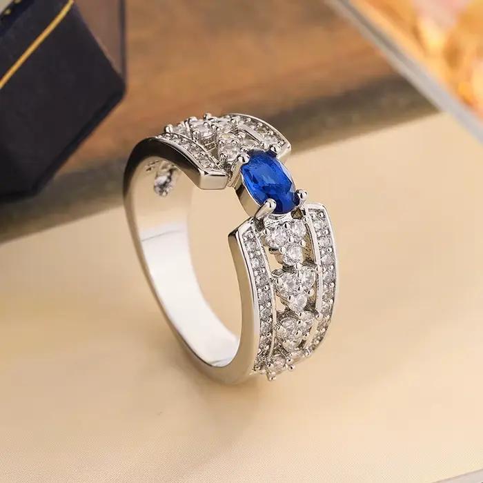 Bague en argent S925 grande pierre bleue zirconium diamant pierres précieuses bijoux engagement femmes occasions spéciales