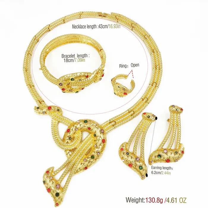 Ensemble de bijoux en zircon coloré brillant de luxe plaqué or collier boucles d'oreilles bracelet bague - Accessoire de port quotidien exquis cadeau