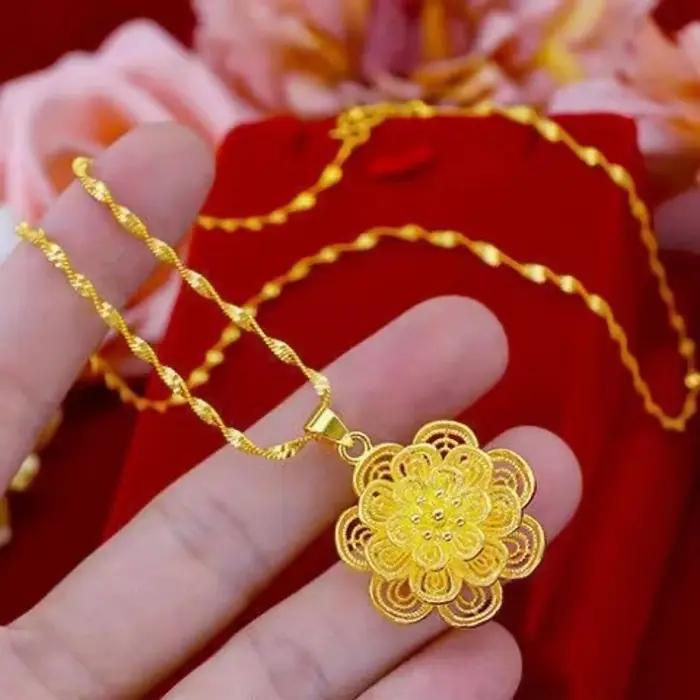 Collier fleur en or 24K avec chaîne ondulée pour femmes, bijoux luxueux à porter pour toutes les occasions spéciales