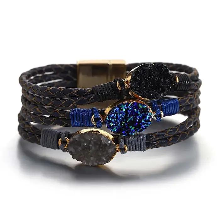 ALLYES Vintage pierres naturelles Bracelet en cuir pour femmes hommes Boho tressé à la main multicouche enroulement Bracelets bijoux