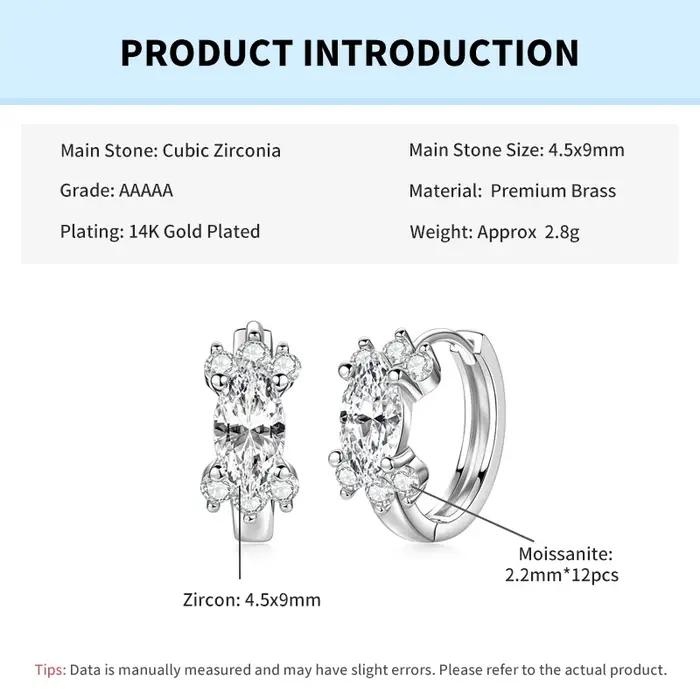 Boucles d'oreilles créoles Rrjzz en zircon 5A taille marquise 4,5x9mm pour femme, avec moissanite ro
