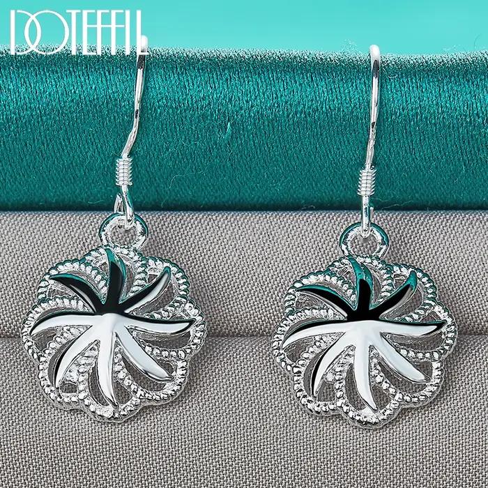 DOTEFFIL 925 Rond En Argent Sterling Fleur Goutte Boucle D'oreille Pour Femme Dame Fête De Fiançailles De Mariage Bijoux De Mode
