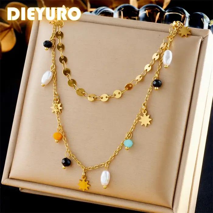 Collier Pentacle de Perles Géométriques en Acier Inoxydable Finition Or Jaune Clair Bijou Fait pour les Femmes Occasions Spéciales Protection Mystique