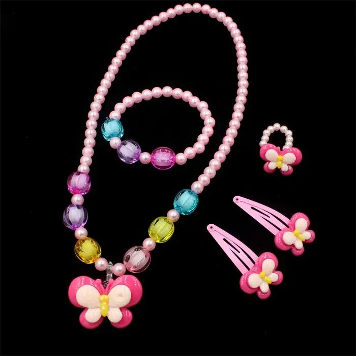 1 ensemble de bijoux en perles faits à la main pour filles, collier, Bracelet, bague et pince à cheveux papillon, cadeau de princesse parfait