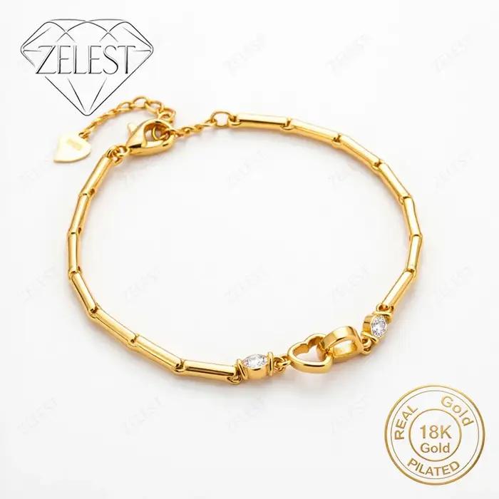 Bracelet de luxe en argent sterling 925 plaqué or 18 carats, 8 pouces, magnifique cœur en zircon, bi