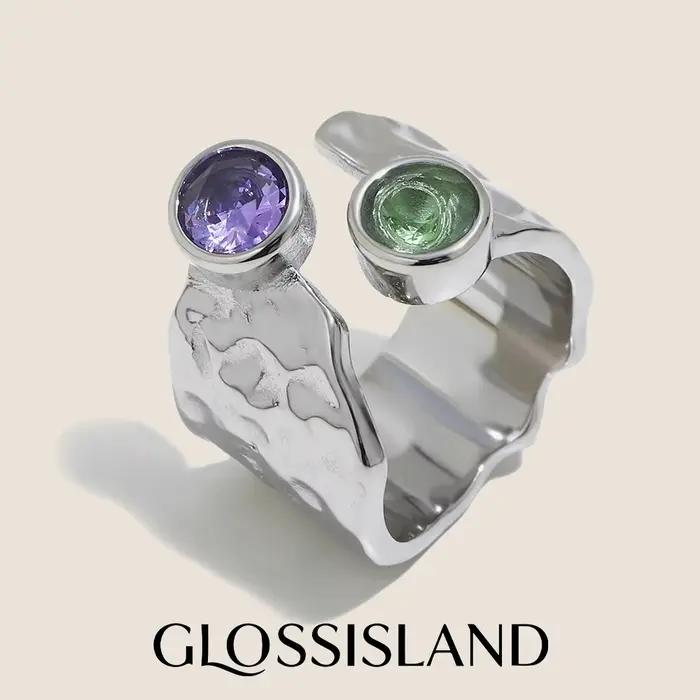 Bague pour femme Glossisland à motif martelé en acier inoxydable plaqué or 18 carats avec zircon, cadeau de bijoux