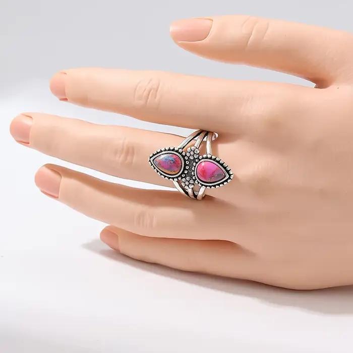 Bague en turquoise synthétique en forme de goutte d'eau de style bohème pour femme, bijoux vintage exquis pour banquets et vacances, accessoires artisanaux
