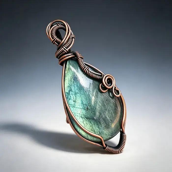 Collier pendentif en labradorite enveloppé de fil de cuivre fait main