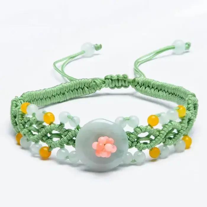 Bracelet Tressé Fait Main Femme Style Chinois Tendance 2026 Perles Cristal Boucle Paix Jade Birman Naturel Occasions Spéciales