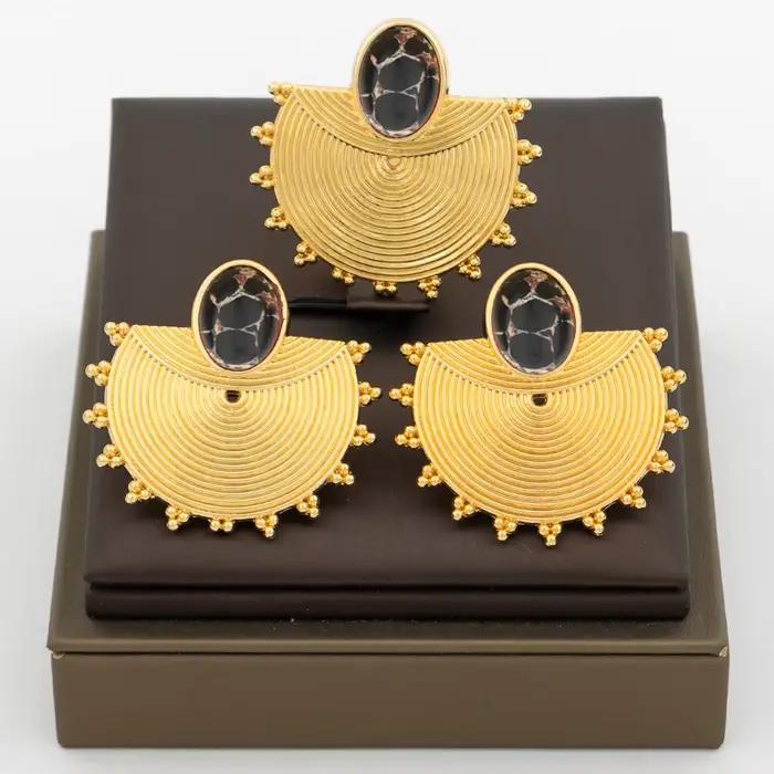 Ensemble de bijoux pour femmes, boucles d'oreilles et bague en or 18 carats, zircon coloré, 2 pièces, ensemble de bijoux de fiançailles Dubaï, accessoires de mariage
