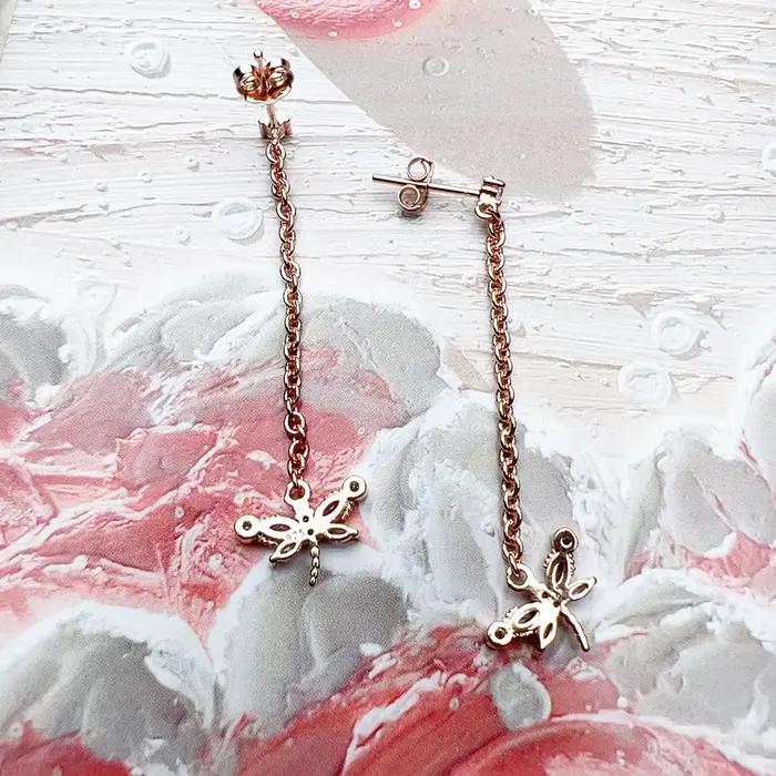 Libellule avec pierres boucles d'oreilles en or Rose, bijoux fins européens pour femmes, tout nouveau cadeau mignon en argent Sterling 925