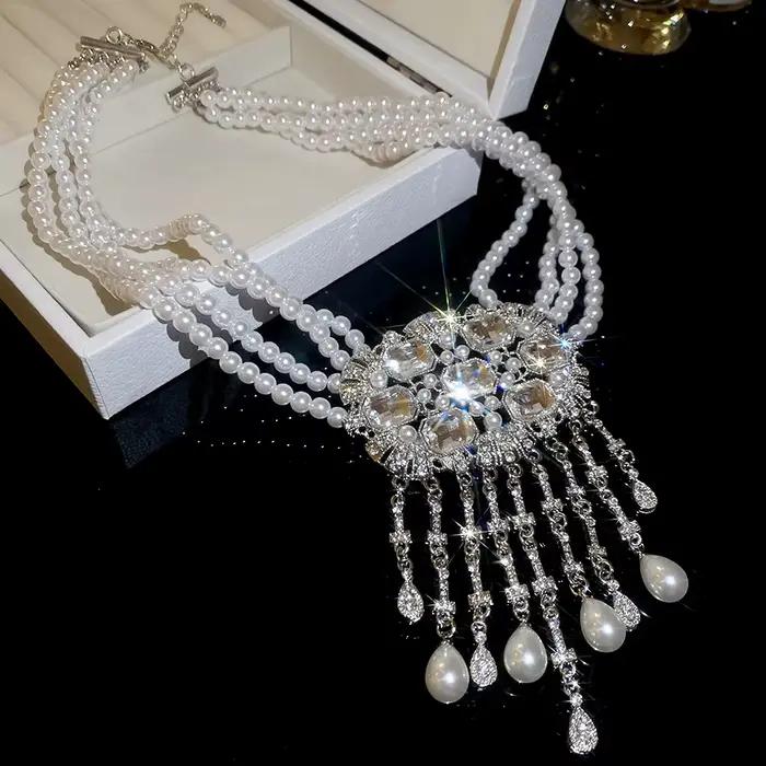 Collier multi-rangs de perles et de diamants, motif goutte d'eau carrée, à franges, chaîne de clavic