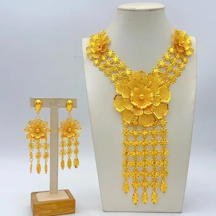 Ensemble de collier long et boucles d'oreilles de luxe plaquées or 24 carats style éthiopien et indien pour mariée et occasions spéciales
