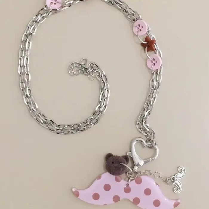 Collier avec pendentif barbe à pois rose pour femmes, mode coréenne, Kawaii Harajuku, collier à breloques japonais, accessoires bijoux Y2K