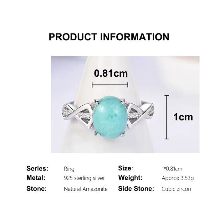 Magnifiques bagues ovales naturelles en amazonite, 2,97 ct, 8x10mm, en argent sterling 925, pierres précieuses réelles, bijoux fins pour cadeaux d'anniversaire pour femmes