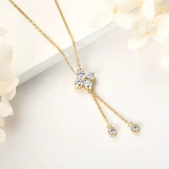 Collier pendentif fleur trèfle à quatre feuilles en moissanite D1.40CT, en argent 925 véritable à 100 %, avec longue pampille, pour femme, bijou de charme, cadeau