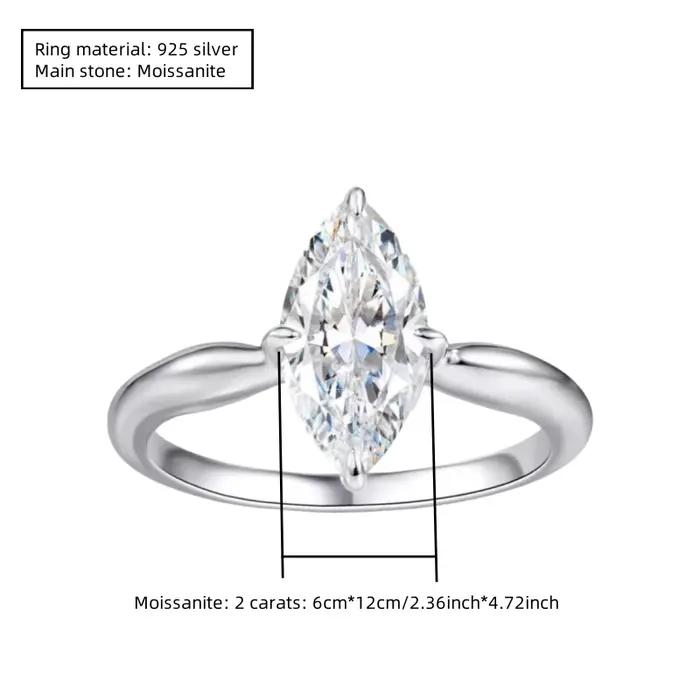 Bague de mariage pour homme et femme en argent 925 avec moissanite marquise de 2 carats, simple et décontractée, de haute qualité, bague de couple