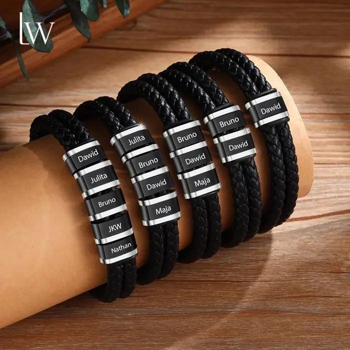 Bracelet personnalisé en cuir avec noms de famille pour hommes, cadeau de mariage, anniversaire, bijou à la mode avec aimant pour tracker l'humeur