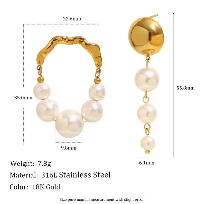 Boucles d'oreilles en perles baroques avec design asymétrique tendance en acier inoxydable plaqué or pour femmes occasions spéciales