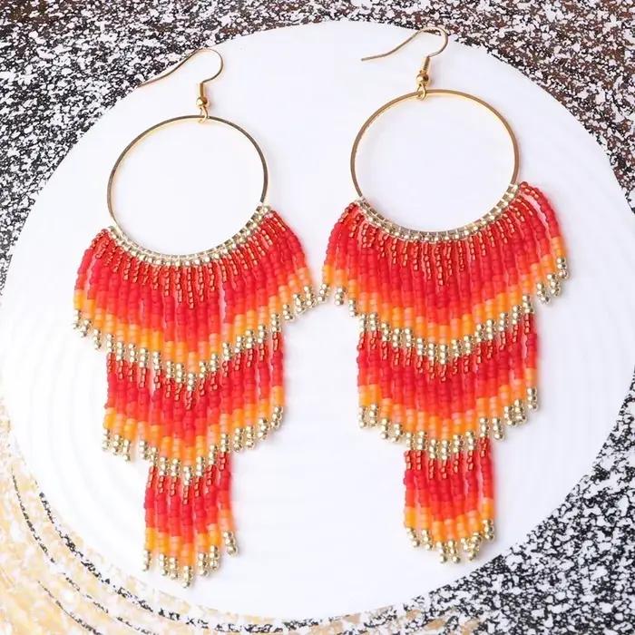 Boucles d'oreilles perlées cercle multicouche flèche tricot à la main originalité dégradé bohême alliage gland marée