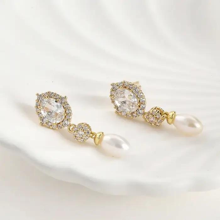 Boucles d'oreilles clous en perles brillantes plaquées or 14 carats, couleur rétentionnelle, pour ac