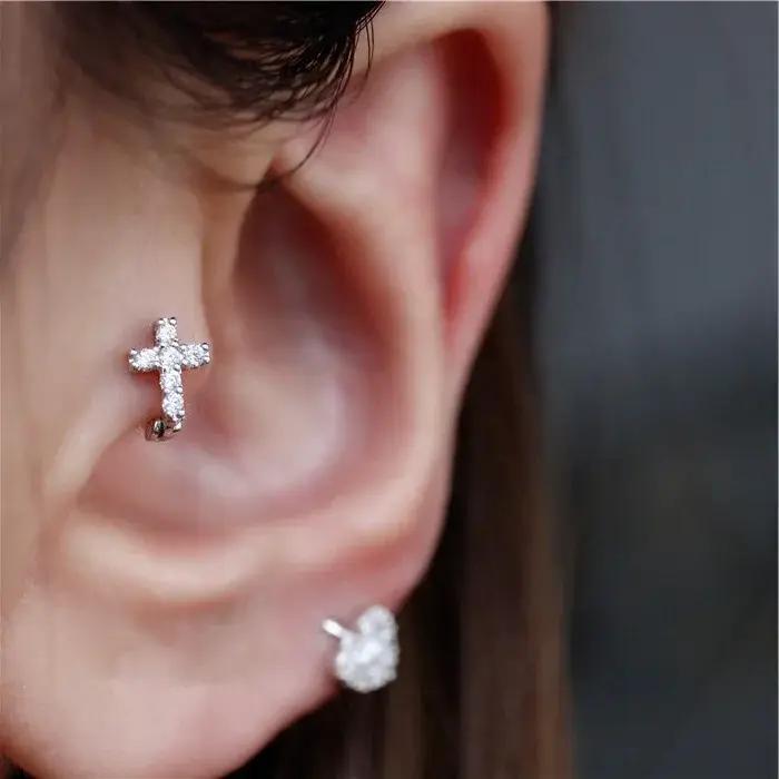 925 boucle d'oreille en argent Sterling mode Zircon croix Mini anneau