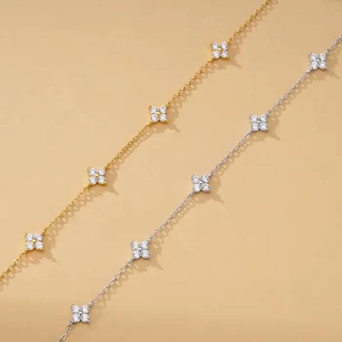 Bracelet trèfle à quatre feuilles en zircone cubique plaqué argent 925 pour femmes