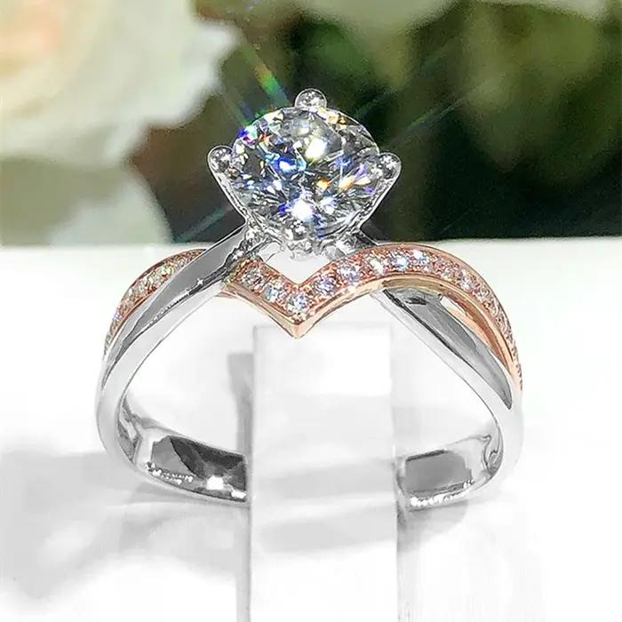 Bague ajustable en argent sterling 925 plaqué or rose avec diamant simulé de 1 carat