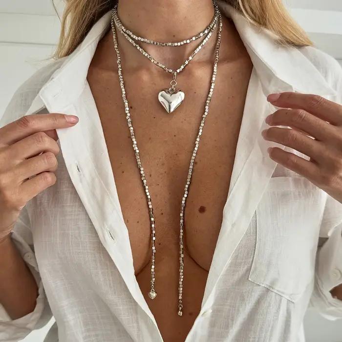Mode couleur or amour coeur pendentif collier femmes Vintage chaîne de perles Long