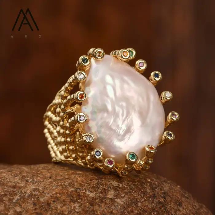 Bague de fiançailles en perle naturelle plaquée or, bande réglable, ensemble de zircone tendance, bijoux exquis, cadeau romantique, bague pour femme