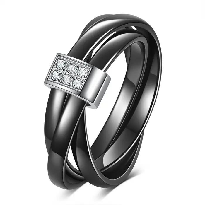 Bague à trois anneaux en céramique noire et blanche sertie de diamants à double rangée de 8MM pour couples