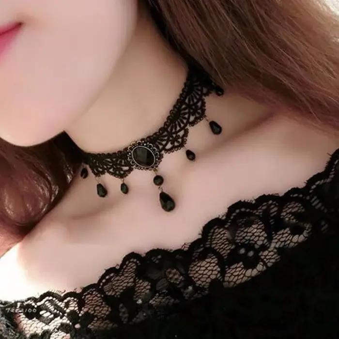 Nouveau Sexy gothique Sautoirs cristal noir dentelle cou collier ras du cou Vintage victorien femmes Chocker Steampunk bijoux