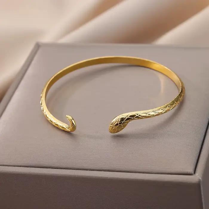 Bracelet serpent pour femmes, ouverture en acier inoxydable plaqué or, bijoux esthétiques animaux, pulseras mujer