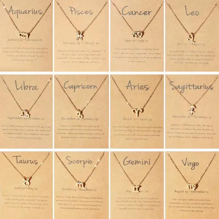 Collier avec 12 signes du zodiaque pour femmes, 1 pièce, 12 constellations, chaîne à breloques, pendentif ras du cou, bijoux d'anniversaire avec carte en carton