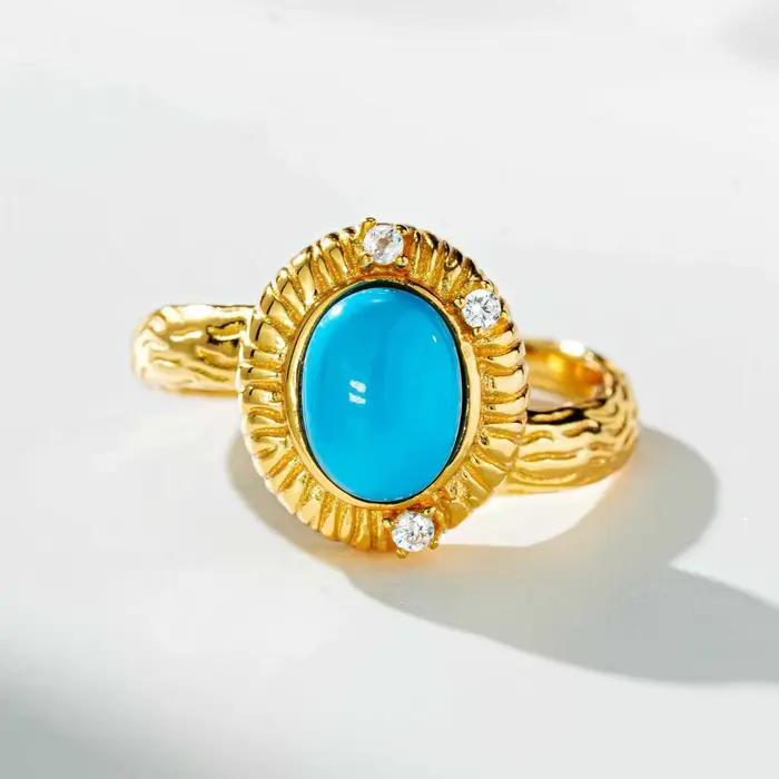 Bague Vinregem Ovale Turquoise Diamant Blanc Style Vendange Pour Femmes Occasions Spéciales